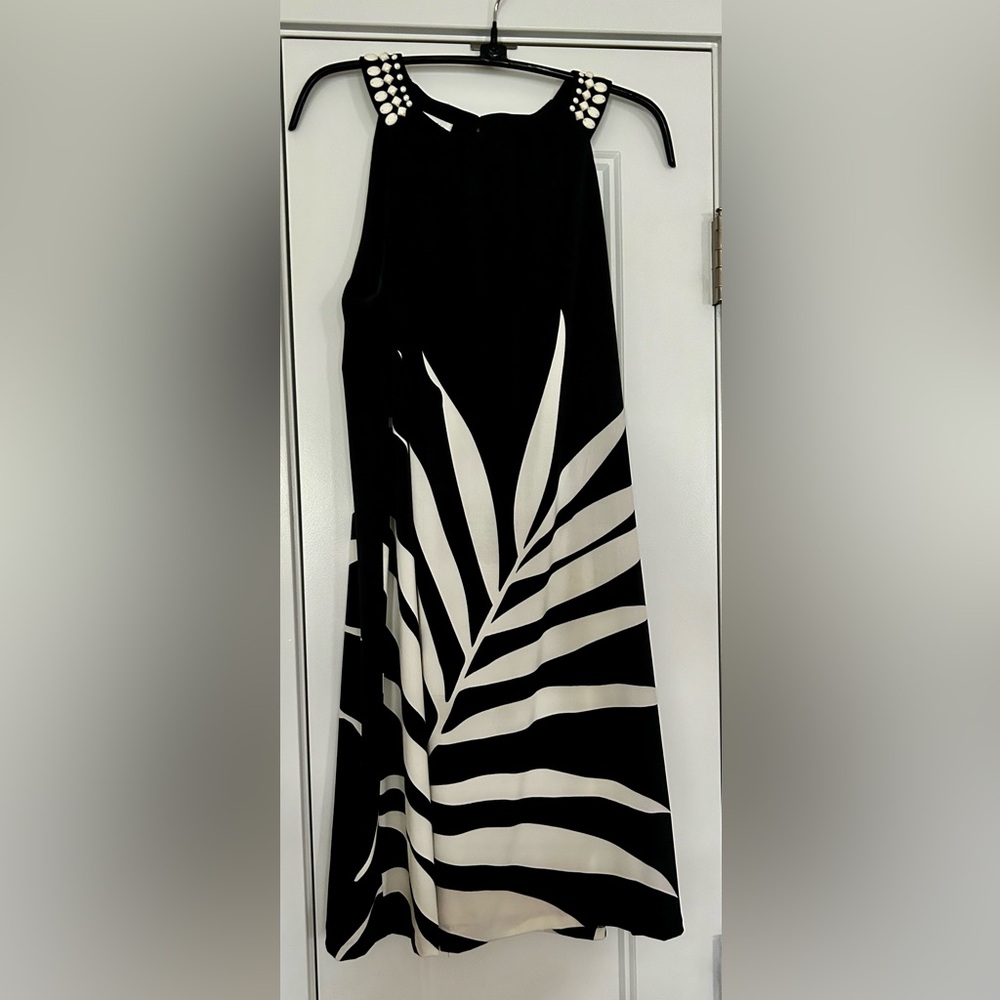 London Times A-Line Dress 8 Black White Loose Fit Career Sleeveless Palm Vintage